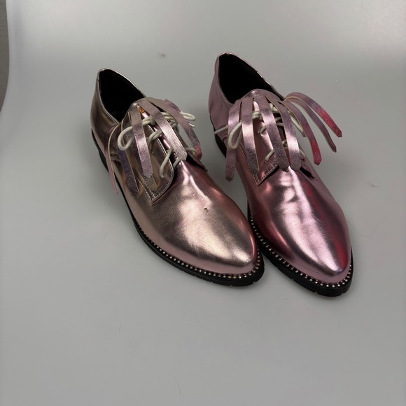 Womens Metallic Pink Rose Gold Oxford Shoes Lace Up Studded Trim Low Heel - Picture 7 of 7